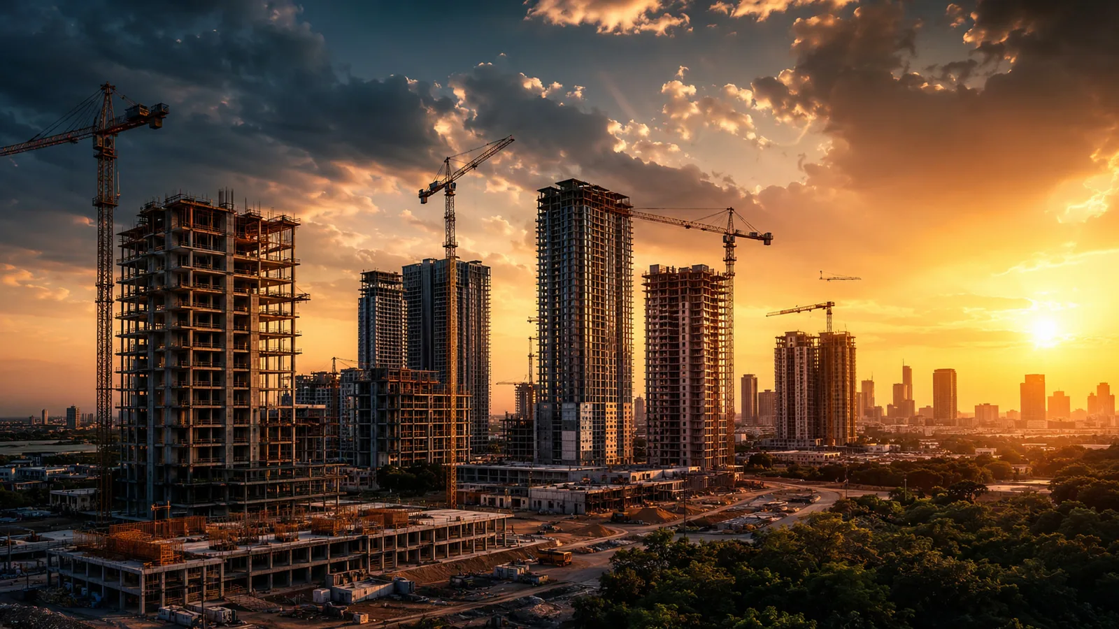Urban construction and high-rise development at sunset